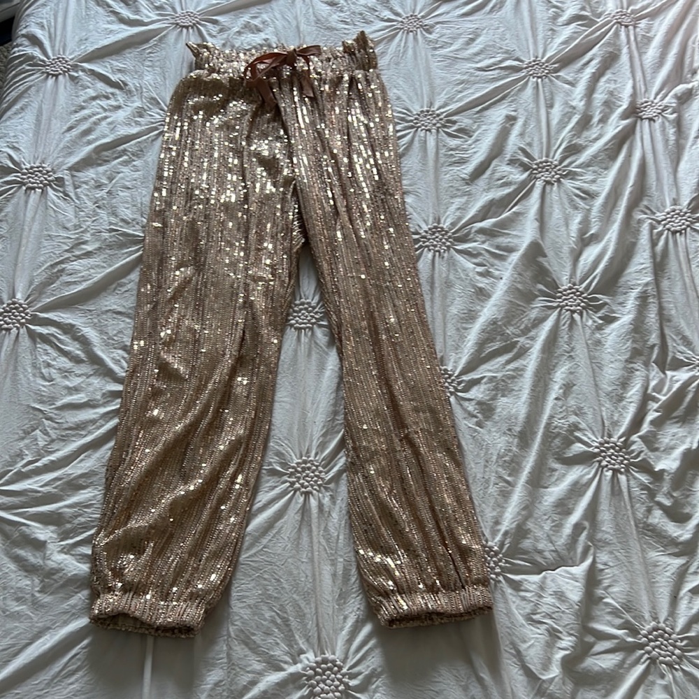 Sequin rose gold pants elastic waist cute for holidays size small